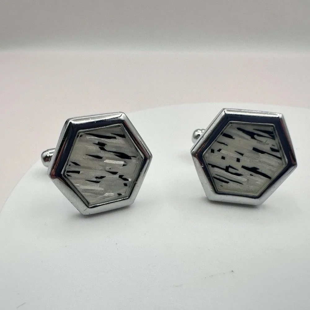 Vintage 60s Mid-Century Silver Tone Cufflink Set Geometric Glass Inlay‎ Jewelry